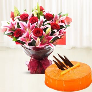 Bunch of 5 pink lilies with orange cool cake 