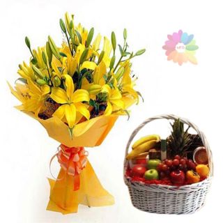 Bunch of 5 stems of yellow lilies with 2 kg mix fruit basket