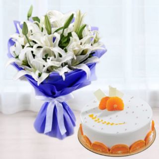 Bunch of 5 white lilies with orange cool cake 