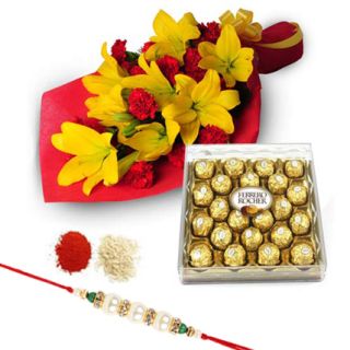 bunch of 5 yellow lilies with 24 pcs rocher ferrero chocolates with 1 rakhi and roli chawal