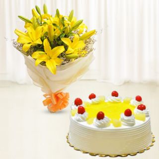 Bunch of 5 yellow lilies with pineapple cake 