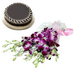 Bunch of 6 lavender orchids with 1 pound chocolate
