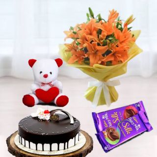 Bunch of 6 orange asiatic lilies, choco vanilla fresh cream cake, set of 2 dairy milk silk, 6 inch teddybear 