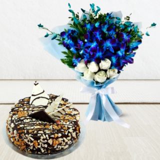 Bunch of 8 blue orchids with dry fruit cool cake 