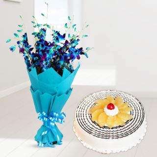Bunch of 8 blue orchids with pineapple cake 