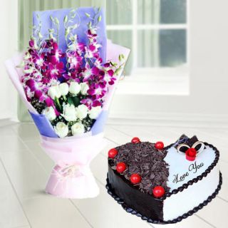 Bunch of 8 lavender orchids, 10 white roses with black forest heart shape cake 
