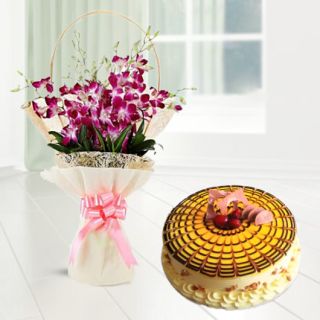 Bunch of 8 lavender orchids with butterscotch cool cake 