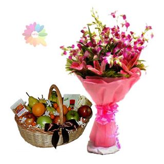 Bunch of 8 lavender orchids with 2 kg mix fruit basket 