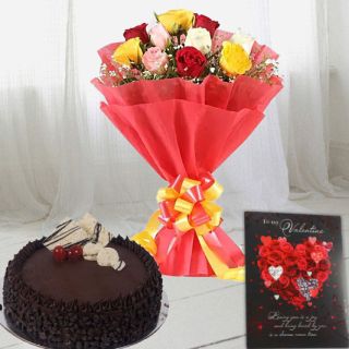 Bunch of 8 mix roses , half kg choco chips fresh cream cake, Valentine day card 