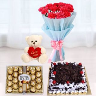 Bunch of 8 pink carnations, 24 pcs rocher ferrero chocolates, black forest square shape cake, 6 inch teddybear 