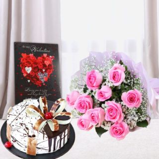 Bunch of 8 pink roses, half kg choco vanilla premium quality cake with valentine greeting card 