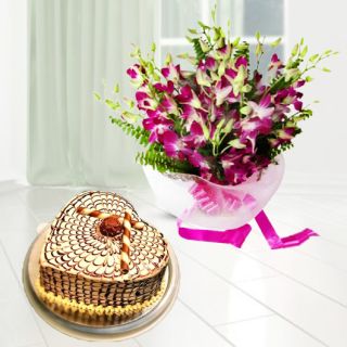 Bunch of 8 purple orchids with heart shape butterscotch cool cake 