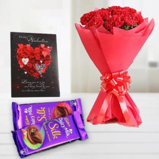 Bunch of 8 red carnations, 2 dairy milk silk , valentine  greeting card 