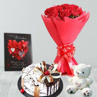 Bunch of 8 red carnations, half kg choco vanilla cake, 6 inch teddybear, valentine greeting card 