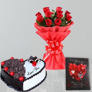 Bunch of 8 red roses, 1 kg heart shape black forest cake, valentine greeting card 