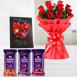 Bunch of 8 red roses, 3 dairy milk silk chocolates, valentine greeting card 