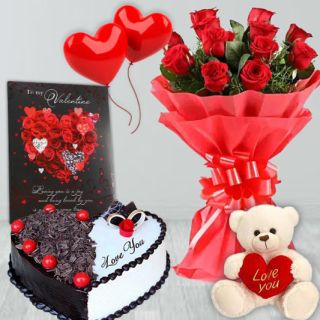 Bunch of 8 red roses, 6 inch white teddybear, Half  kg heart shape black forest cake, valentine Greeting card with 2 heart shape balloons 