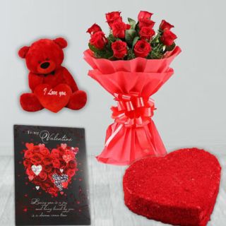 Bunch of 8 red roses, half kg red velvet heart shape cake, 6 inch height red teddybear, valentine greeting card 