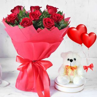 Bunch of 8 red roses with a cute 6 inch teddybear with 2 heart shape balloons 