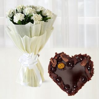 Bouquet of lilies with carnations with white forest cool cake 