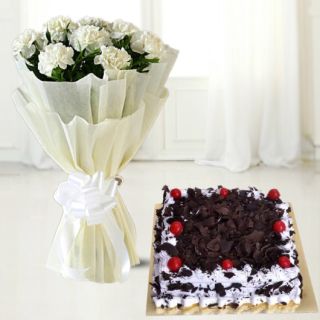 Bunch of 8 white carnations with black forest cake 