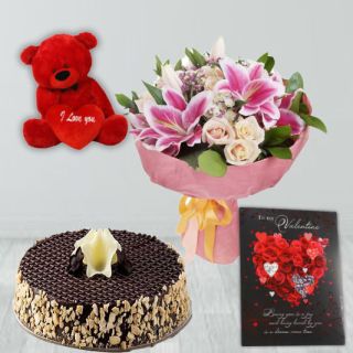 Bunch of Exotic mix flowers, 6 inch teddybear, chocolate almond cake, valentine greeting card 
