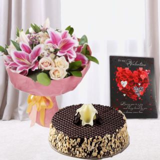 Bunch of exotic mix flowers , half kg chocolate almond cake , valentine Greeting card 