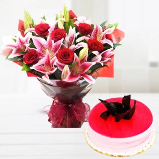 Bunch of lilies and roses with strawberry cake 