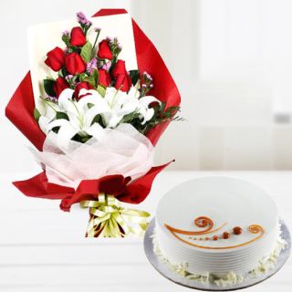 Bunch of lilies and roses with vanilla cake 
