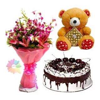 Bunch of lilies&orchids with 2 feet height teddybear carrying 24 pcs rocher ferrero chocolates with black forest fresh cream cake