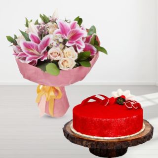 Bunch of mix flowers with red velvet cake 