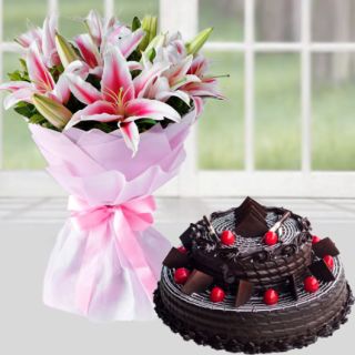 Bunch of pink lilies with 2 tier premium quality 2.5 kg chocolate cake
