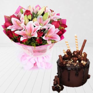 Bunch of pink lilies with red roses with chocolate explosion premium quality cake 