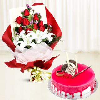 Bunch of red roses with white lilies with strawberry cool cake 