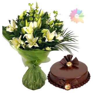Bunch of white lilies with 1 pound double chocolate cake