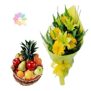 Bunch of yellow mix flowers with 2 kg mix fruit basket