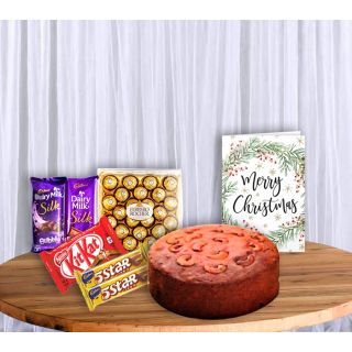 Chocolate plum cake, 24 pcs ferrero rocher chocolates, 2 dairy milk silk, 2 Fivestar chocolates, 2 Kitkat with greeting card 