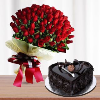 Classy looking bunch of 50 dutch roses with heart shape dark chocolate cool cake 