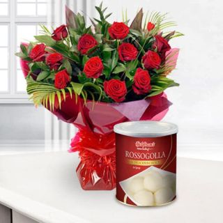 Bunch Of 6 Red Roses With 1 Kg Haldiram Rasgullas