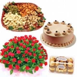 100 Red Roses with 1 Kg Assorted Dry fruits ,Box of 16pcs Ferrero Rocher with 1 kg choco Delight cake