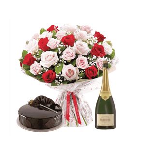Midnight Celebration, Bunch of 40 Mix colour roses with 1 pound fresh cream chocolate fantasy cake and Bottle of Champegne