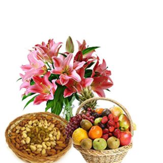 10 pink oriental lilies in glass vase with 1 kg assorted dry fruits with 2 kg seasonal fruit basket