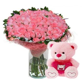 its like you...a very cute looking arrangement of 50 pink roses with a cute pink teddy can be the best gift ... dont miss it