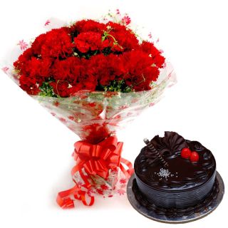 Bunch of 15 red carnations with 1 pound chocolate fantasy cake