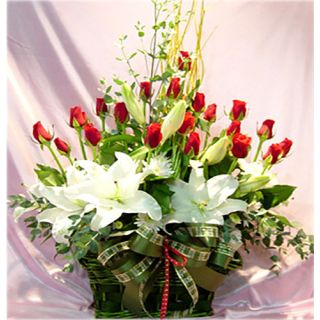 5 white Oriental lilies with 30 Red Roses Beautifully arranged in Basket