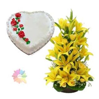 exclusive arrangement of yellow lilies with 2 feet height with 1 kg Heart shape vanilla fresh cream cake