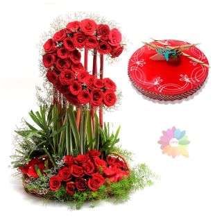 Exclusive moon shape arrangement of red roses with 2 feet height & 1 kg strawberry fresh cream cake