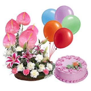 Exotic Arrangement of lilies,carnations,and anthuriums with 1 pound fresh cream strawberry cake and 5 pcs full blown balloons