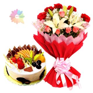 Exotic Bunch of mix flowers including roses,lilies, carnations  with 1 kg mix fruit cake