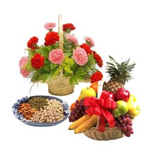 Gift Hamper of fresh flower arrangement with Assorted dry fruits and 2 Kg of seasonal fruit Basket 